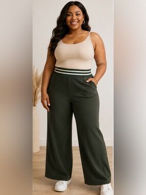 Plus-Size Wide-Leg Pants with Striped High Waist in Dark Green